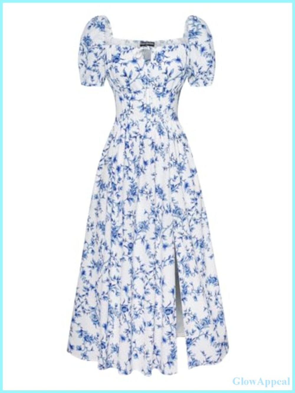 Floral Corset Midi Dress with Thigh Slit, Square Neck, Puffed Sleeves, Side - Picture 1 of 6
